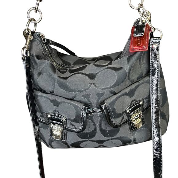 COACH Poppy Signature lurex Pocket Hobo Bag Black Gray Patent Leather 2 way - Picture 7 of 15